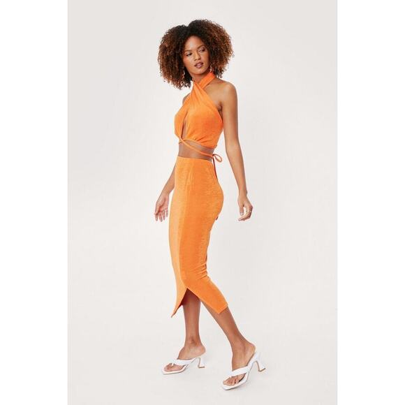 Nasty Gal Women’s Small 6 Orange Terry High Waist Midi Skirt | Split Hem Bodycon - Picture 2 of 7